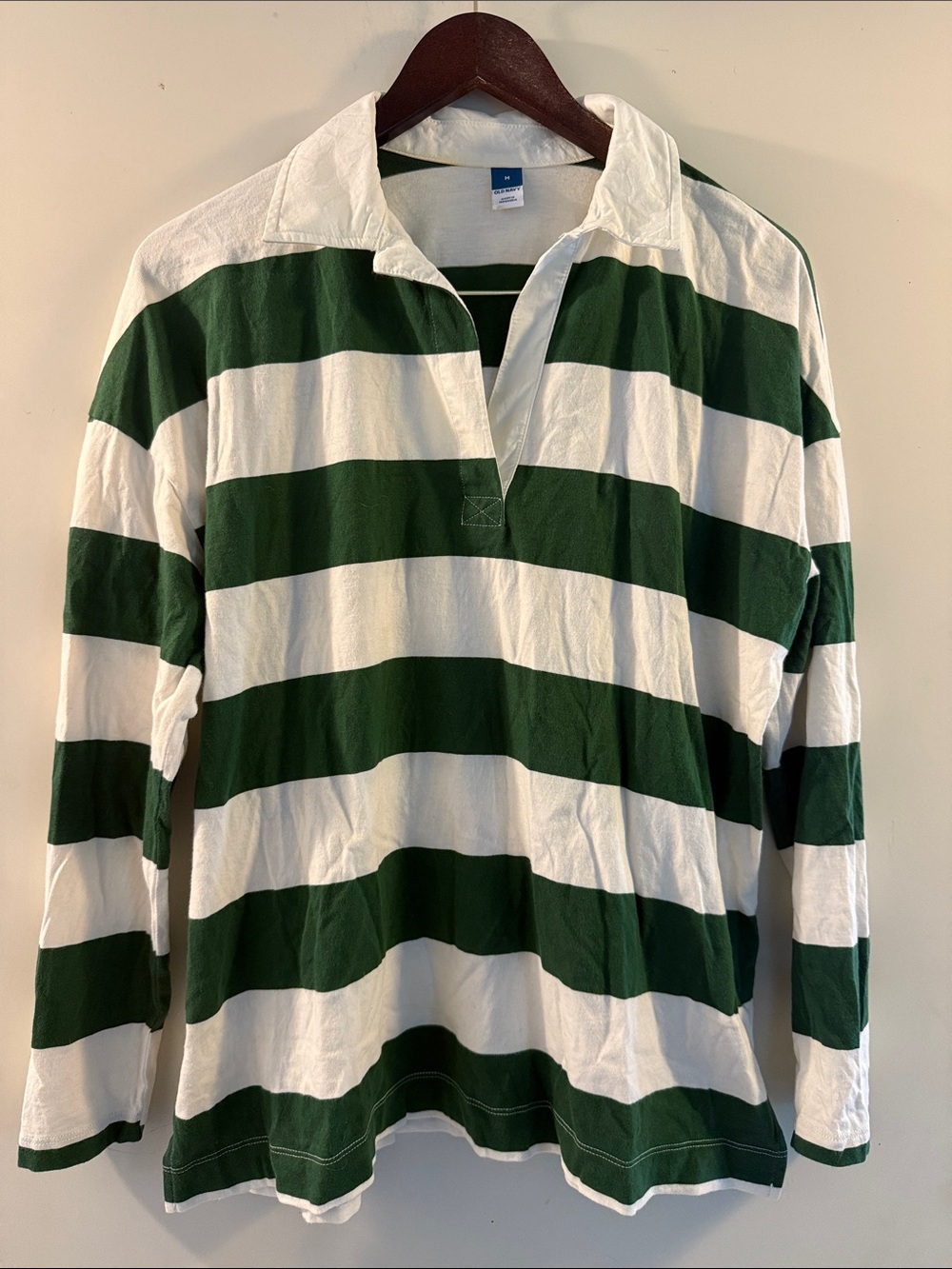 Old Navy Women’s Green & White Striped Rugby Long-Sleeve Top Sz Medium